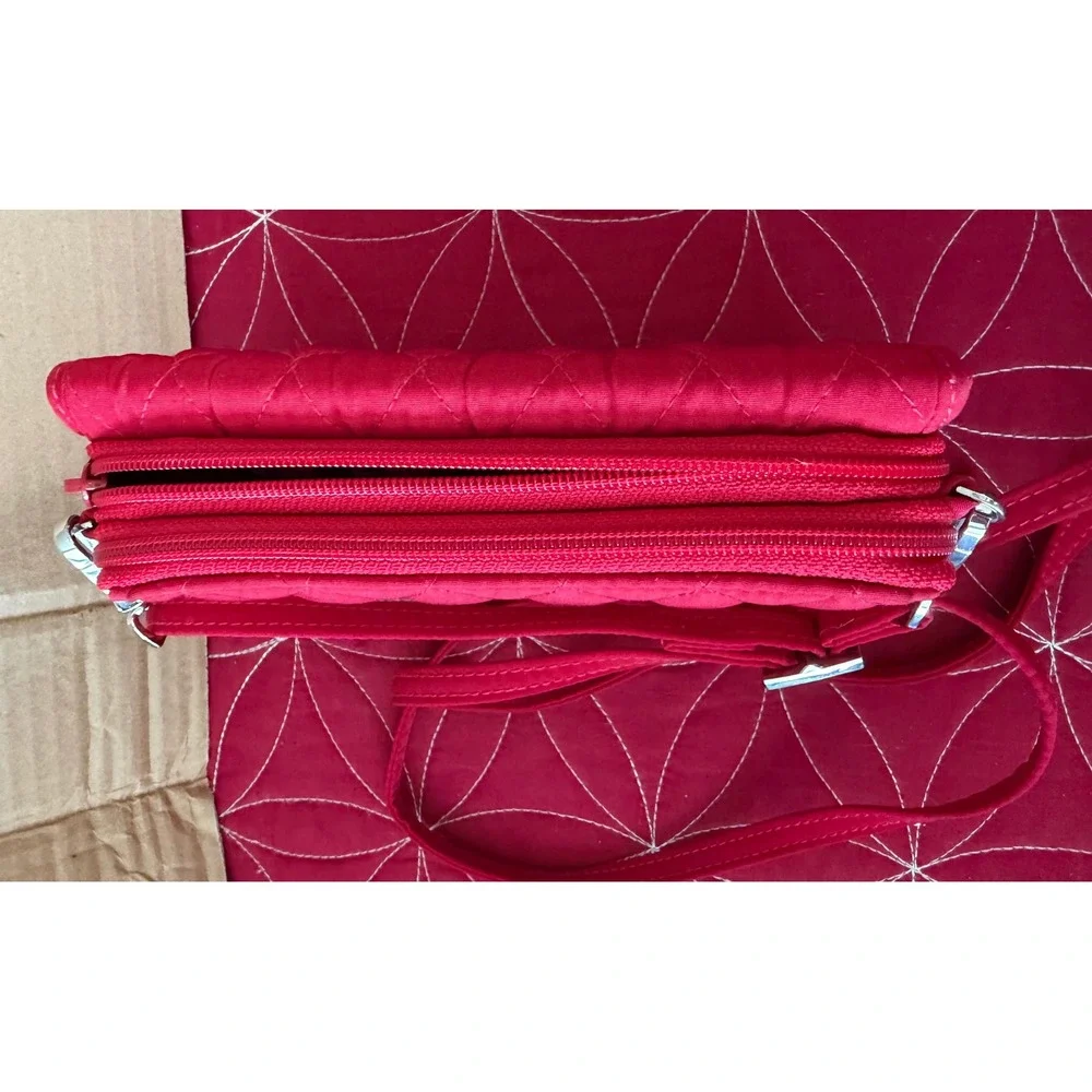 Vera Bradley Red Quilted Microfiber RFID All In One Crossbody Wallet Bag Rose